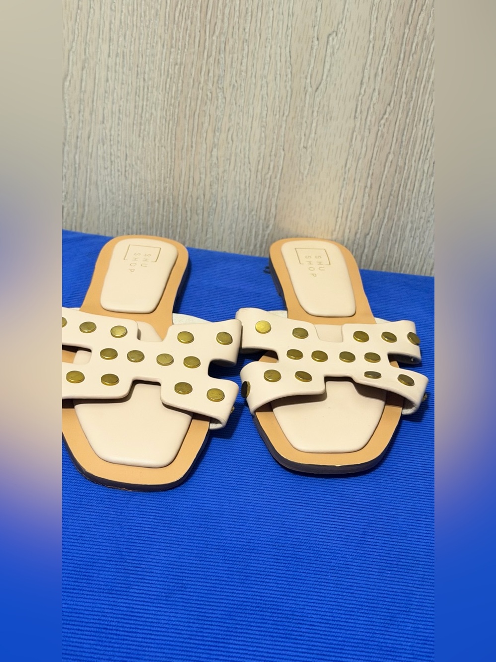 ShuShop Cream Slide Donatella Side 10 Sandals with Gold Studs